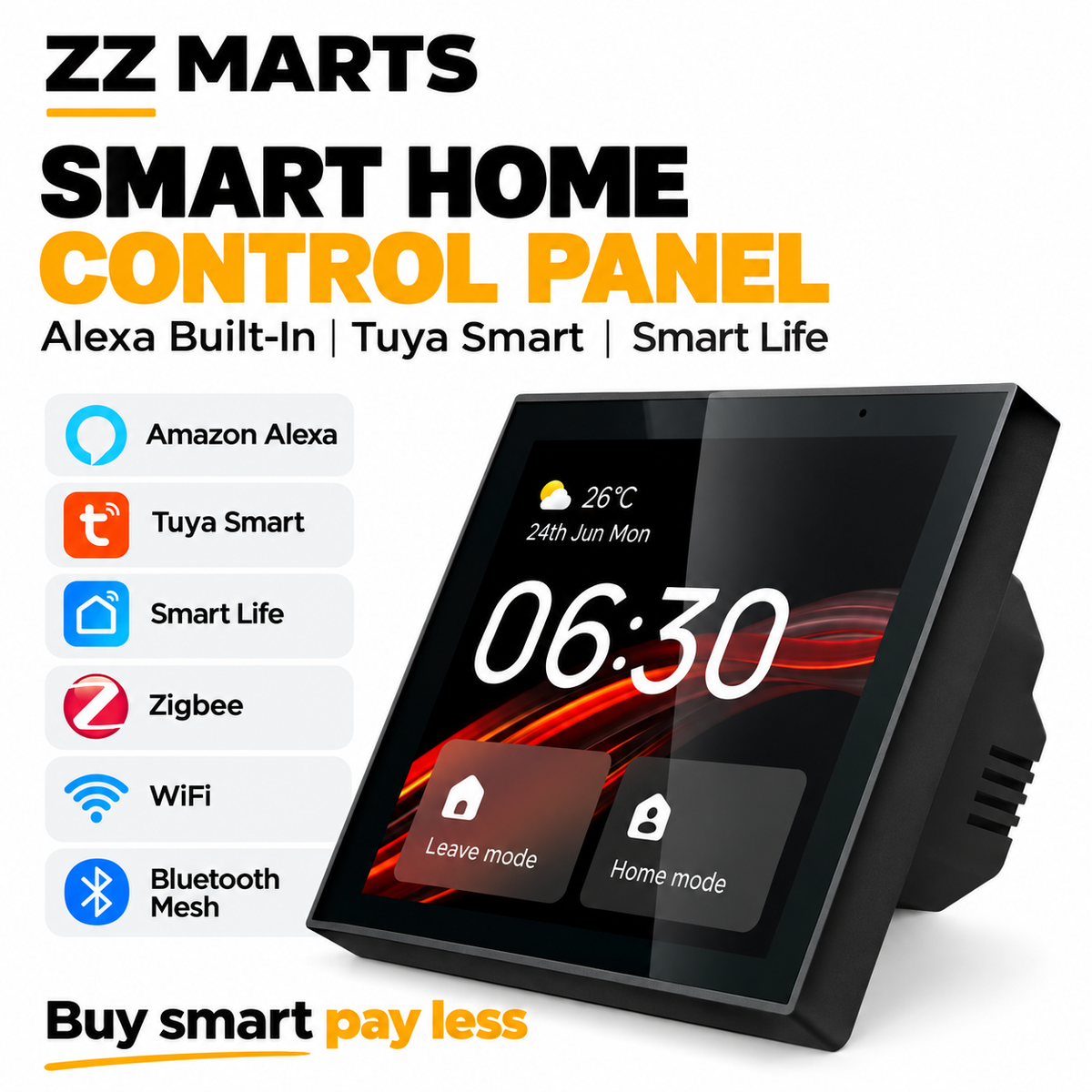 Wall-mounted smart home control panel with 4-inch touch screen and Alexa