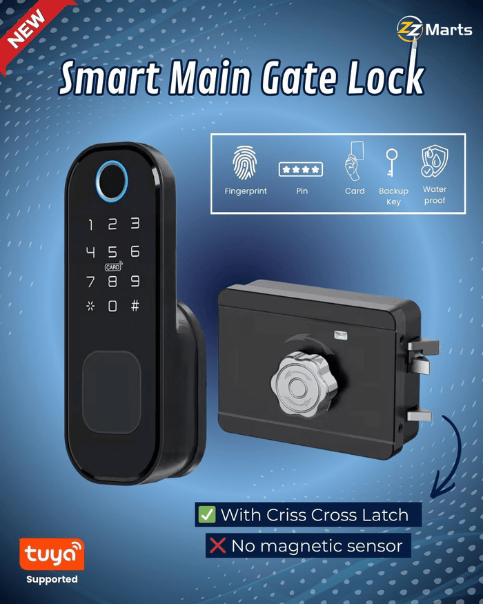 Smart main gate lock with fingerprint, PIN and card access