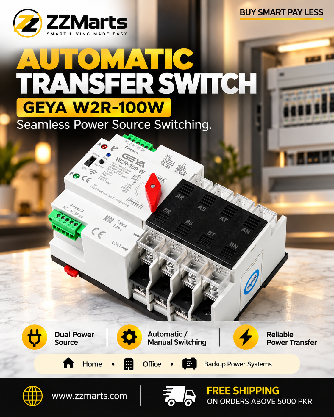 GEYA W2R WiFi Automatic Transfer Switch (ATS) – 4P 100A (Dual Power, Tuya)