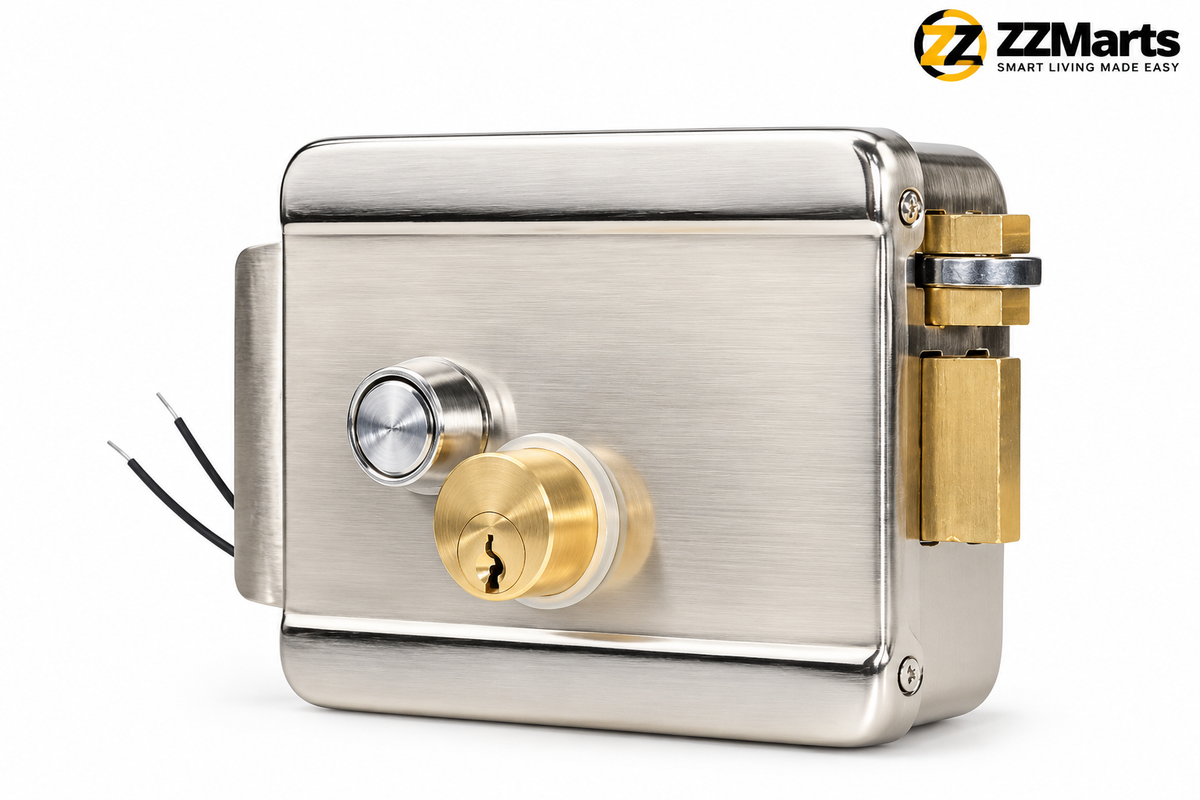 Electric Rim Lock 12V – Stainless Steel Electronic Door Lock with Key Cylinder for Access Control & Gates