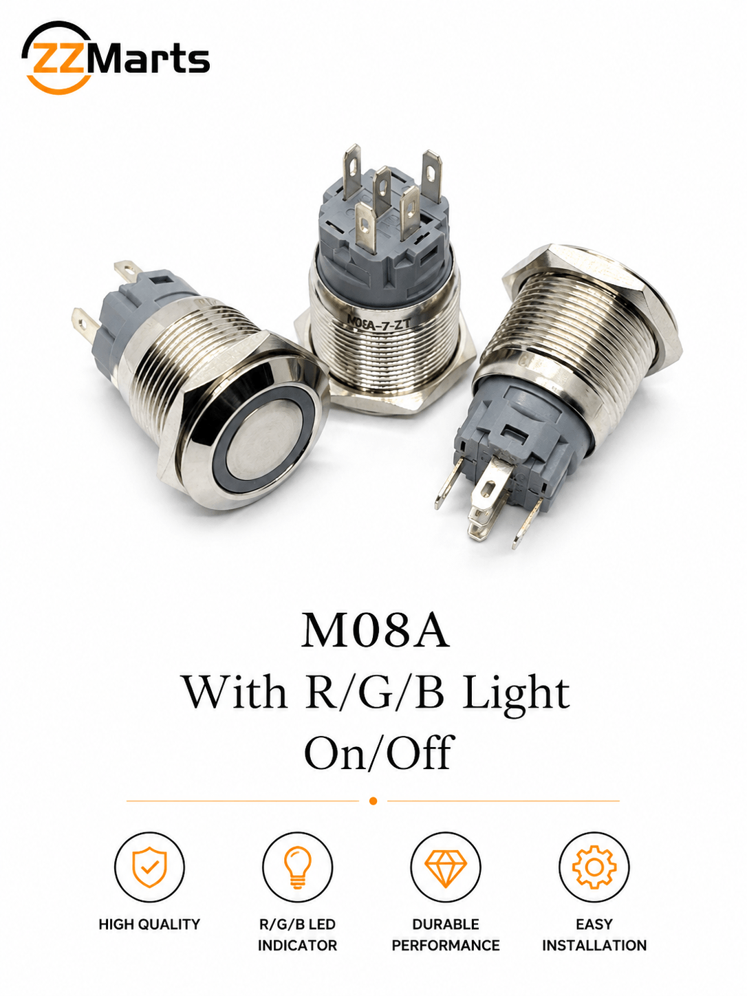 M08A Metal Push Button Switch with RGB LED Light (On/Off)