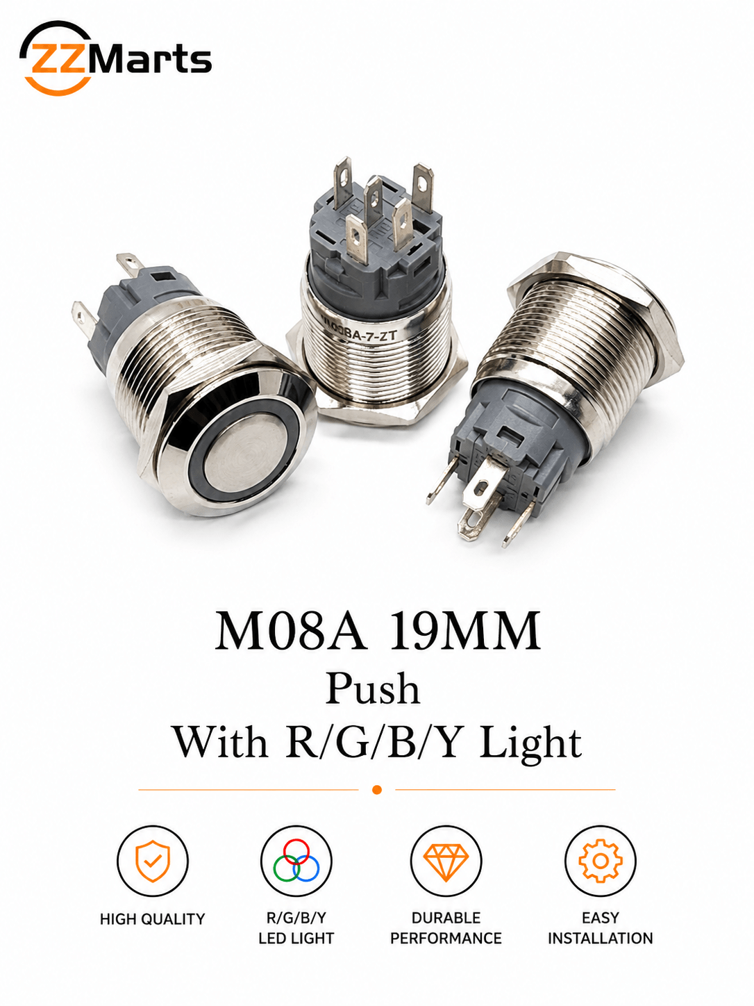 M08A 19MM Metal Push Button Switch with RGBY LED Light