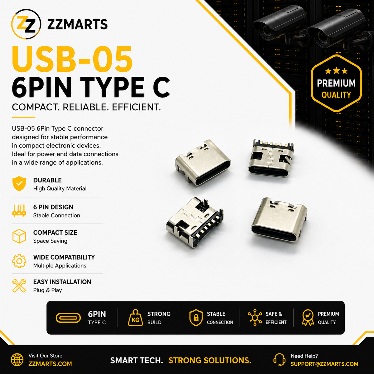 USB-05 6-Pin Type-C Female Connector – SMD (Pack of 10)