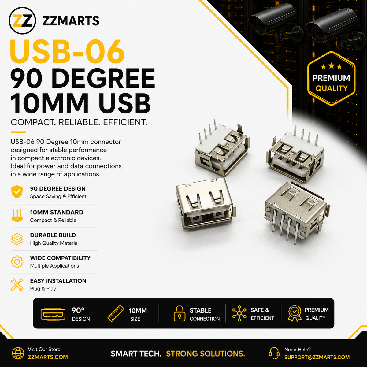 USB-06 USB-A Socket – 90° Right-Angle 10mm (Pack of 10)
