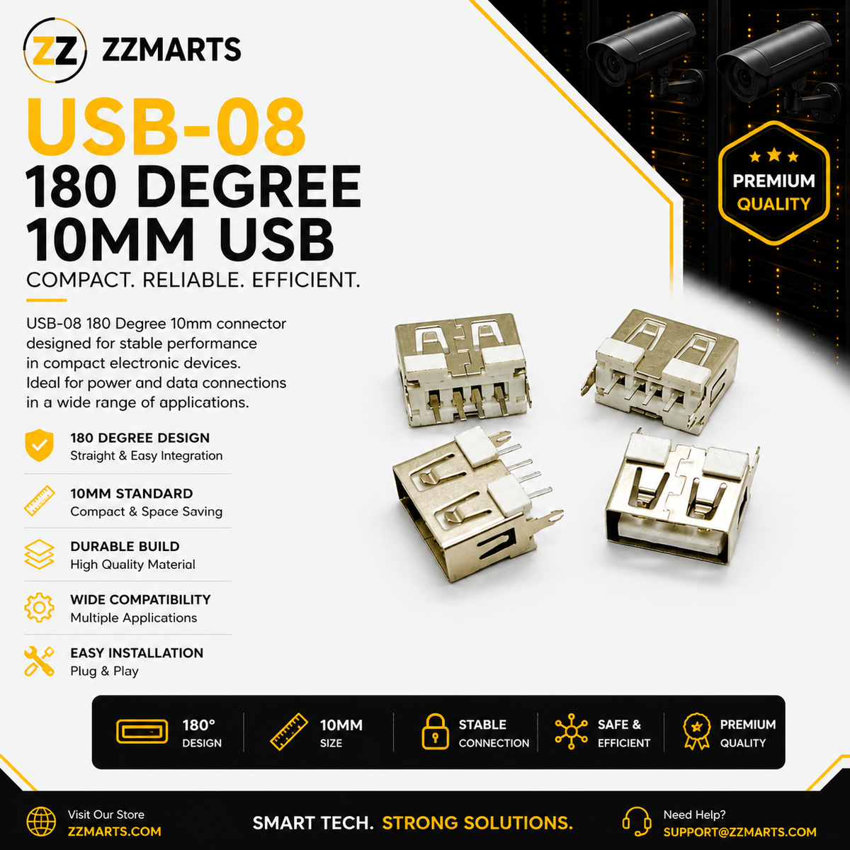USB-08 USB-A Socket – 180° Straight 10mm (Pack of 10)