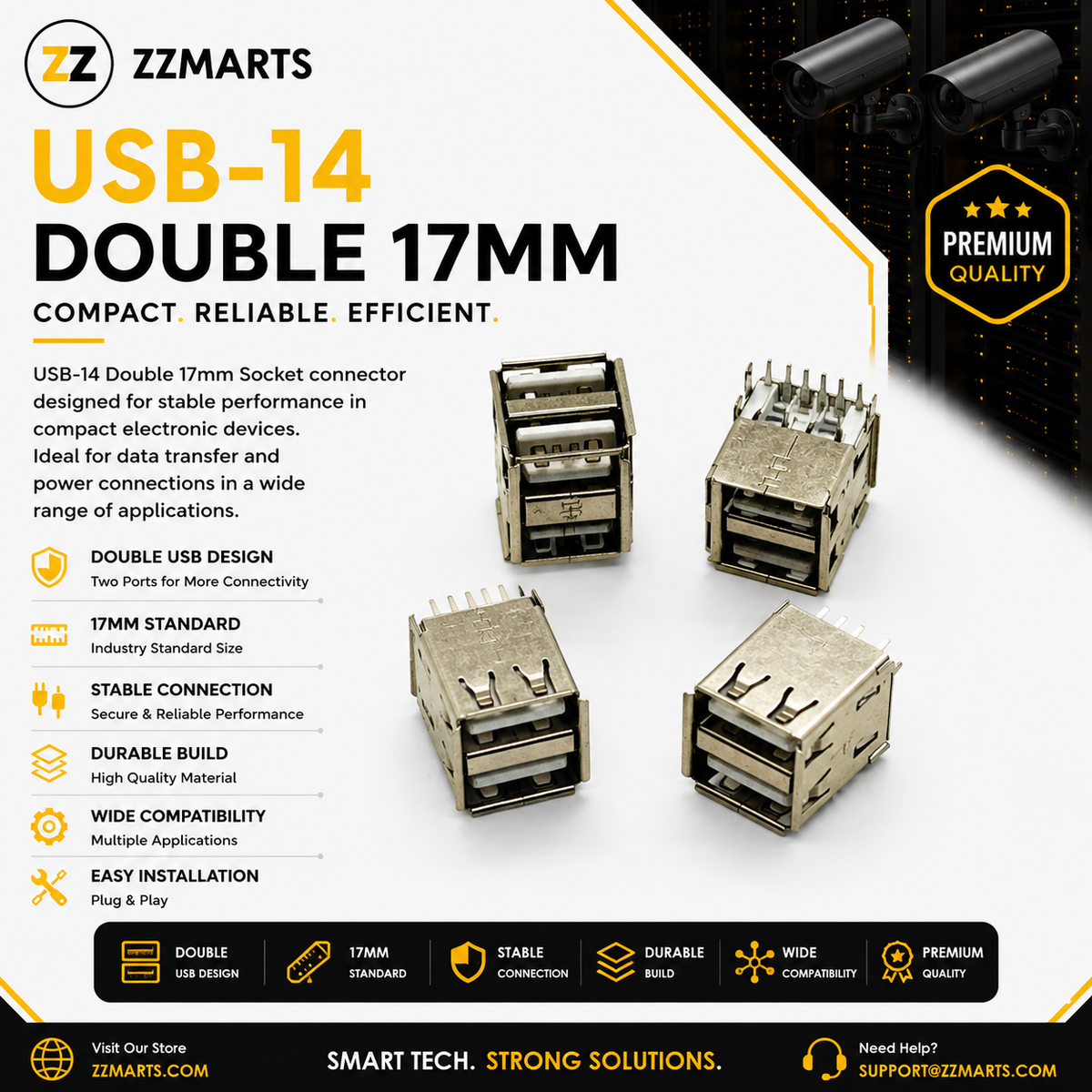 USB-14 Dual USB-A Socket – Double Stacked 17mm (Pack of 10)