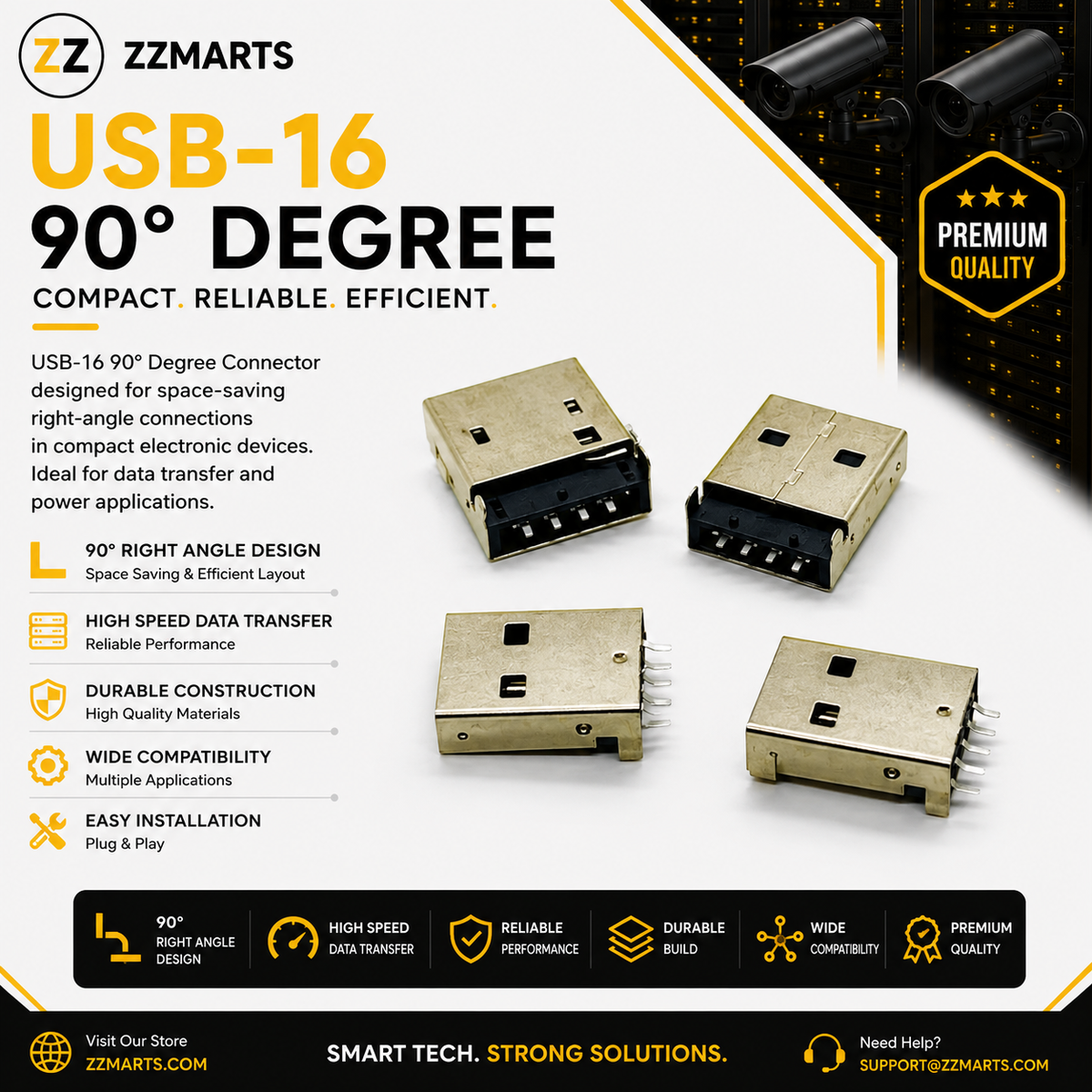USB-16 USB-A Male Connector – 90° Right-Angle (Pack of 10)