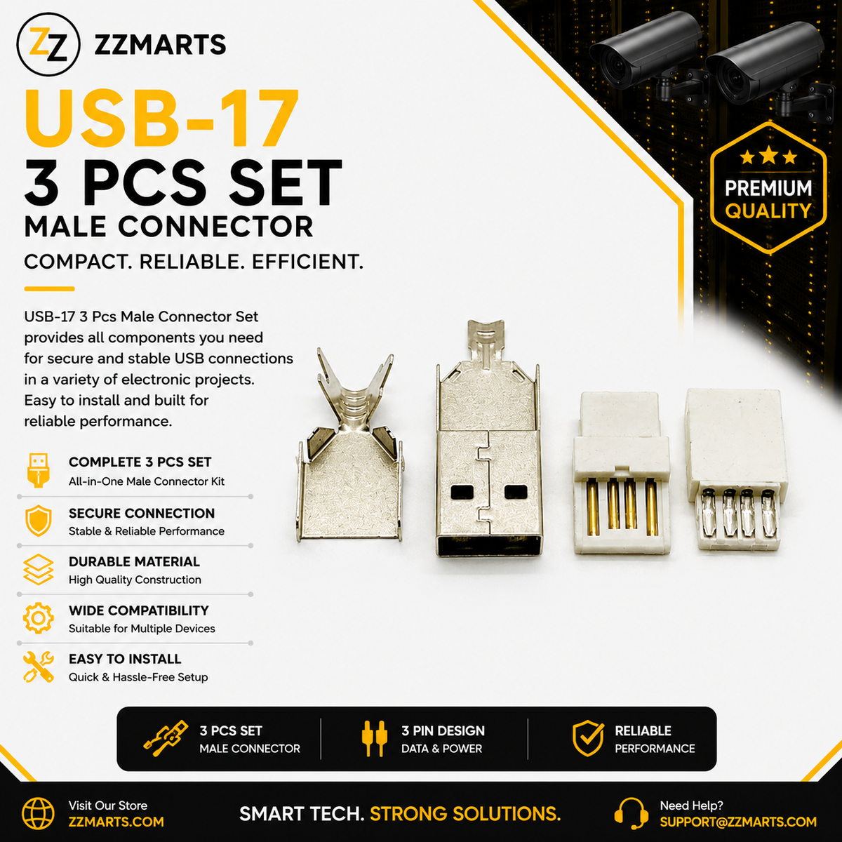 USB-17 USB-A Male Connector Kit – 3-Piece Solder Set (Pack of 10)