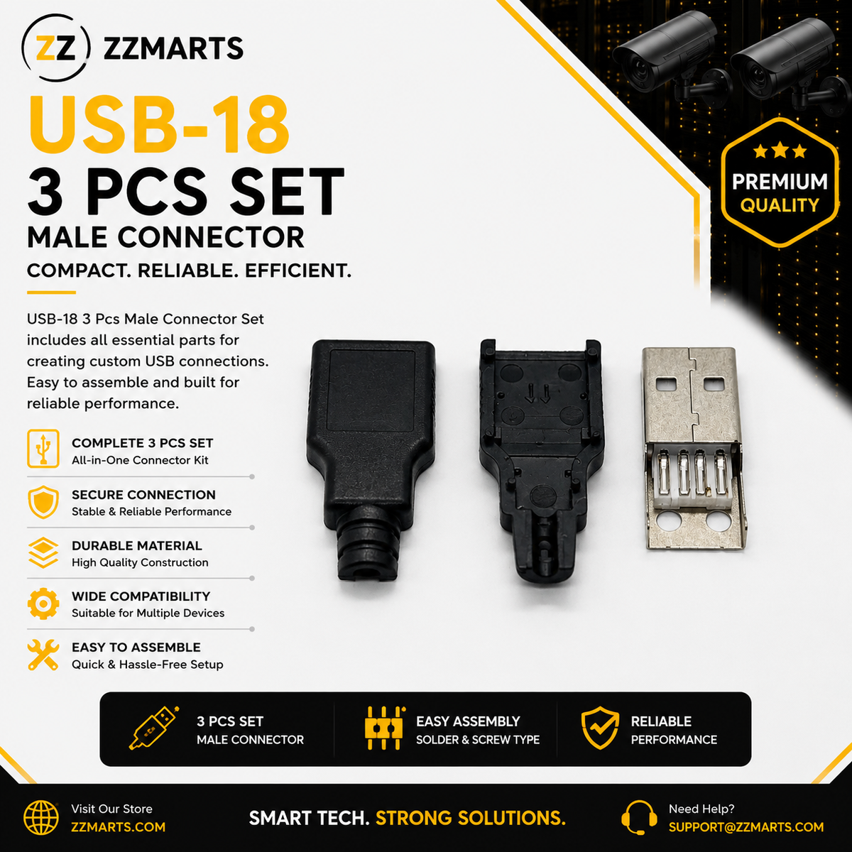 USB-18 USB-A Male Connector Kit – 3-Piece Solder & Screw (Pack of 10)