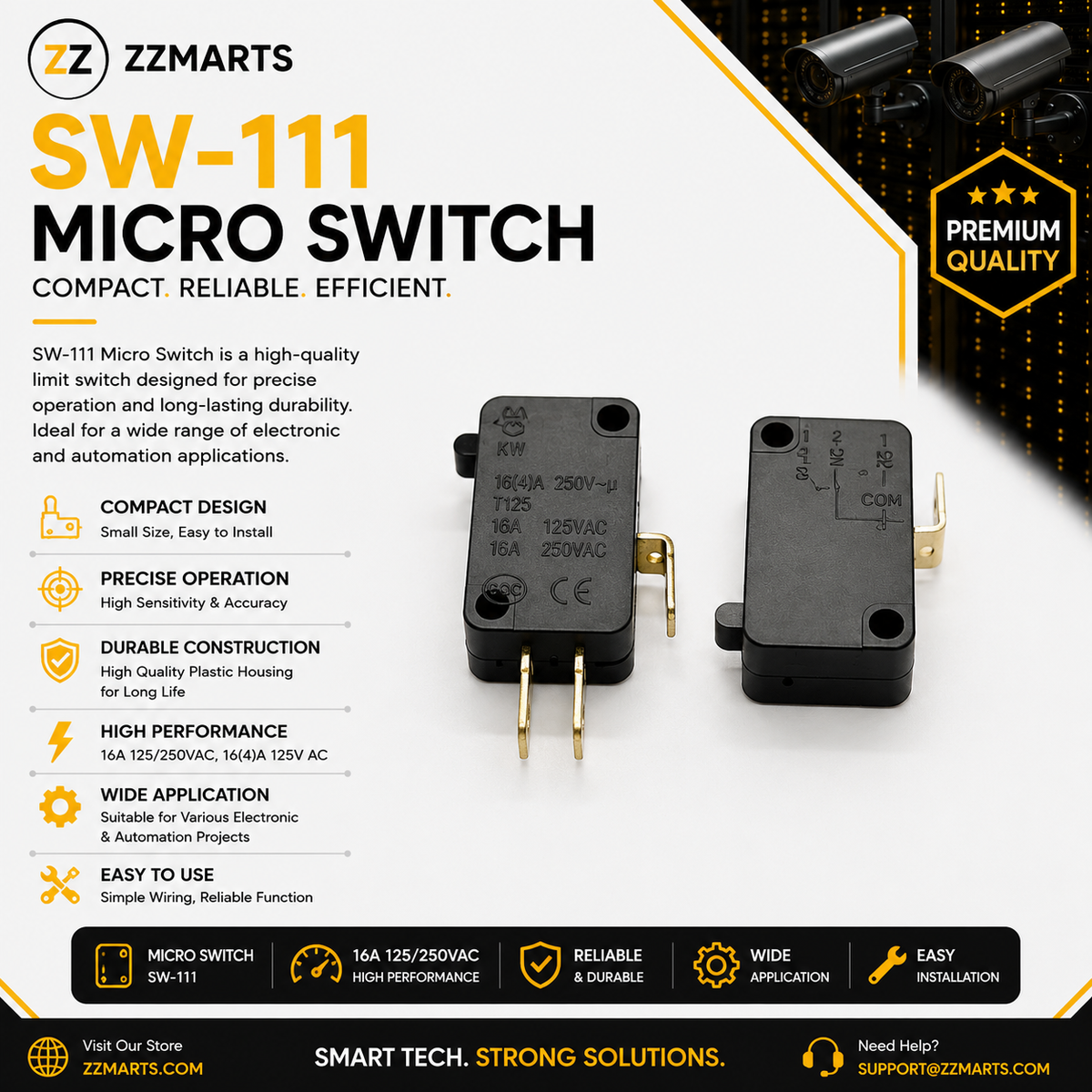 SW-111 Micro Switch – Push Plunger 16A 250VAC SPDT (Pack of 5)