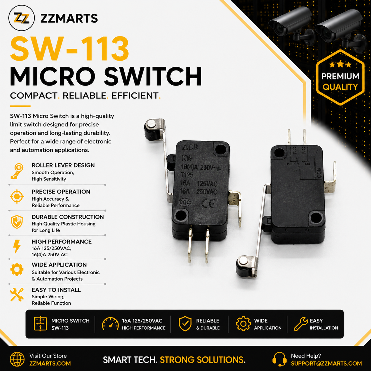 SW-113 Micro Switch – Roller Lever 16A 250VAC SPDT (Pack of 5)