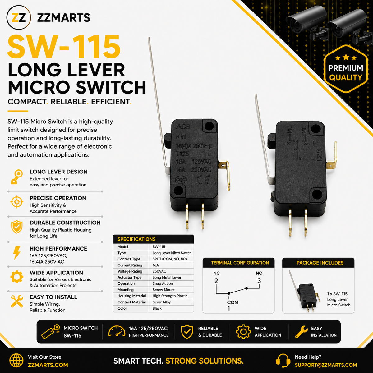 SW-115 Micro Switch – Long Lever 16A 250VAC SPDT (Pack of 5)