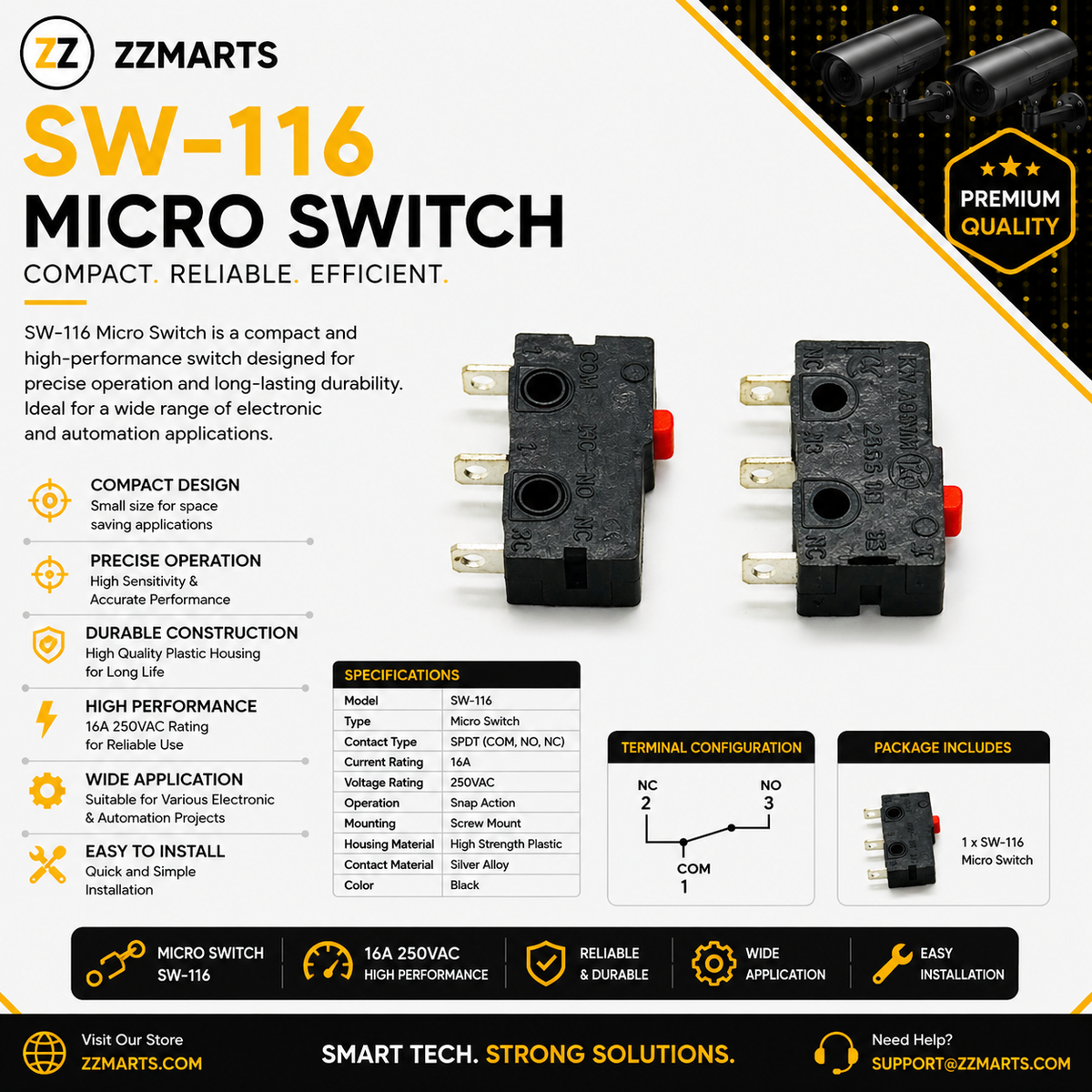 SW-116 Mini Micro Switch – Push Button 16A 250VAC SPDT (Pack of 5)