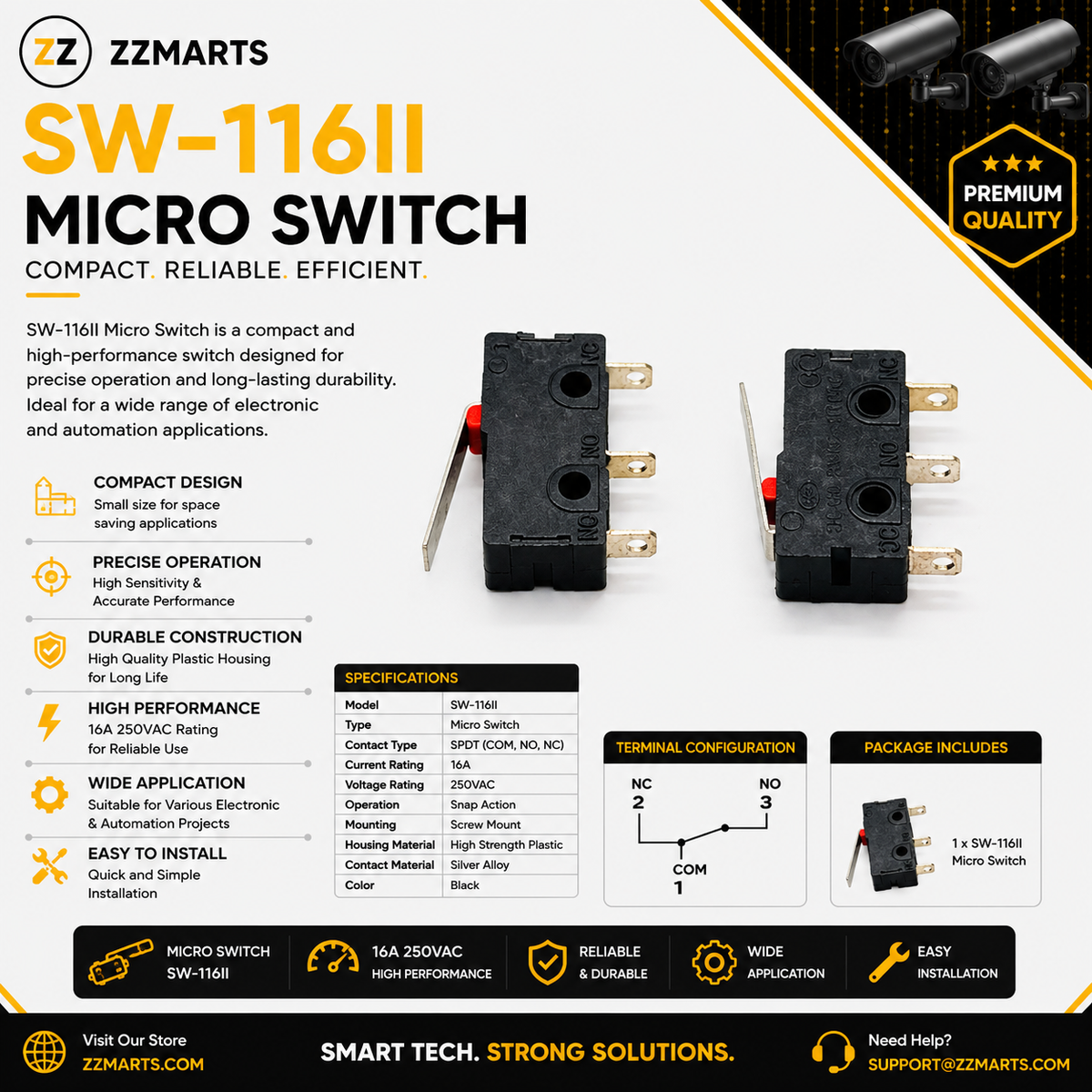 SW-116II Mini Micro Switch – Short Lever 16A 250VAC SPDT (Pack of 5)