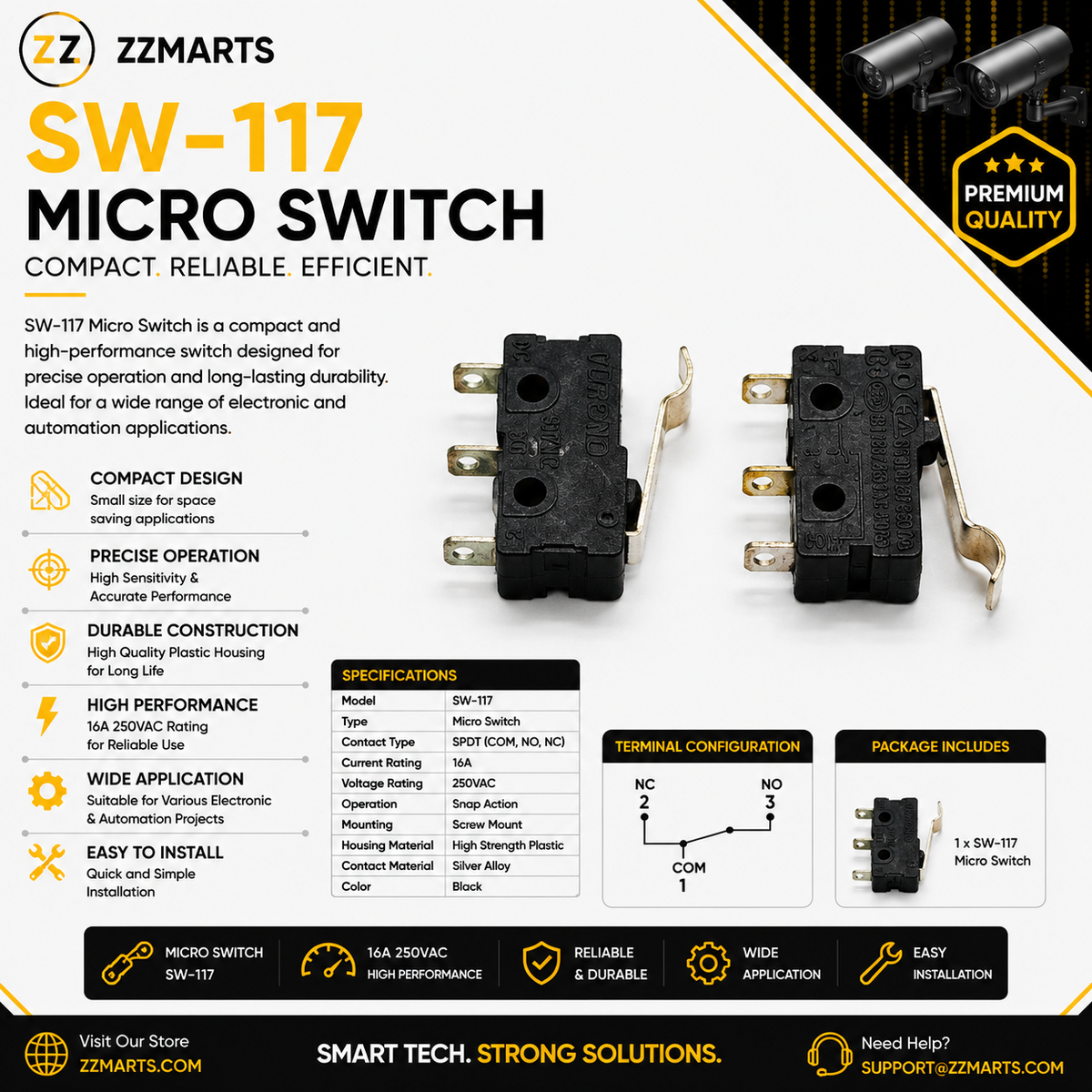 SW-117 Mini Micro Switch – Bent Lever 16A 250VAC SPDT (Pack of 5)
