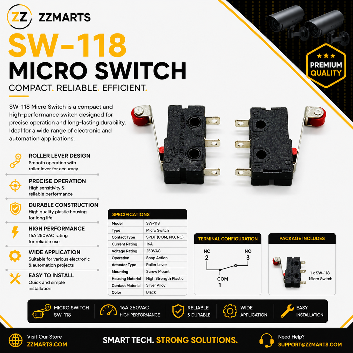 SW-118 Mini Micro Switch – Roller Lever 16A 250VAC SPDT (Pack of 5)