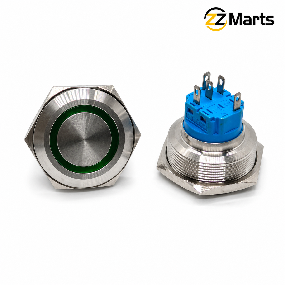 30mm Metal Push Button Switch with Green LED Ring – Latching or Momentary