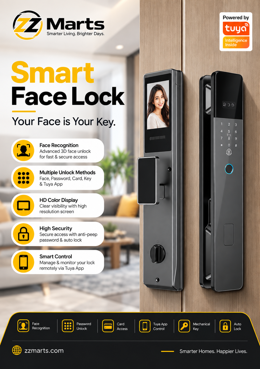 Smart Face Lock – Gunmetal Grey Full Automatic (Tuya, Face / Password / Card / Key / App)