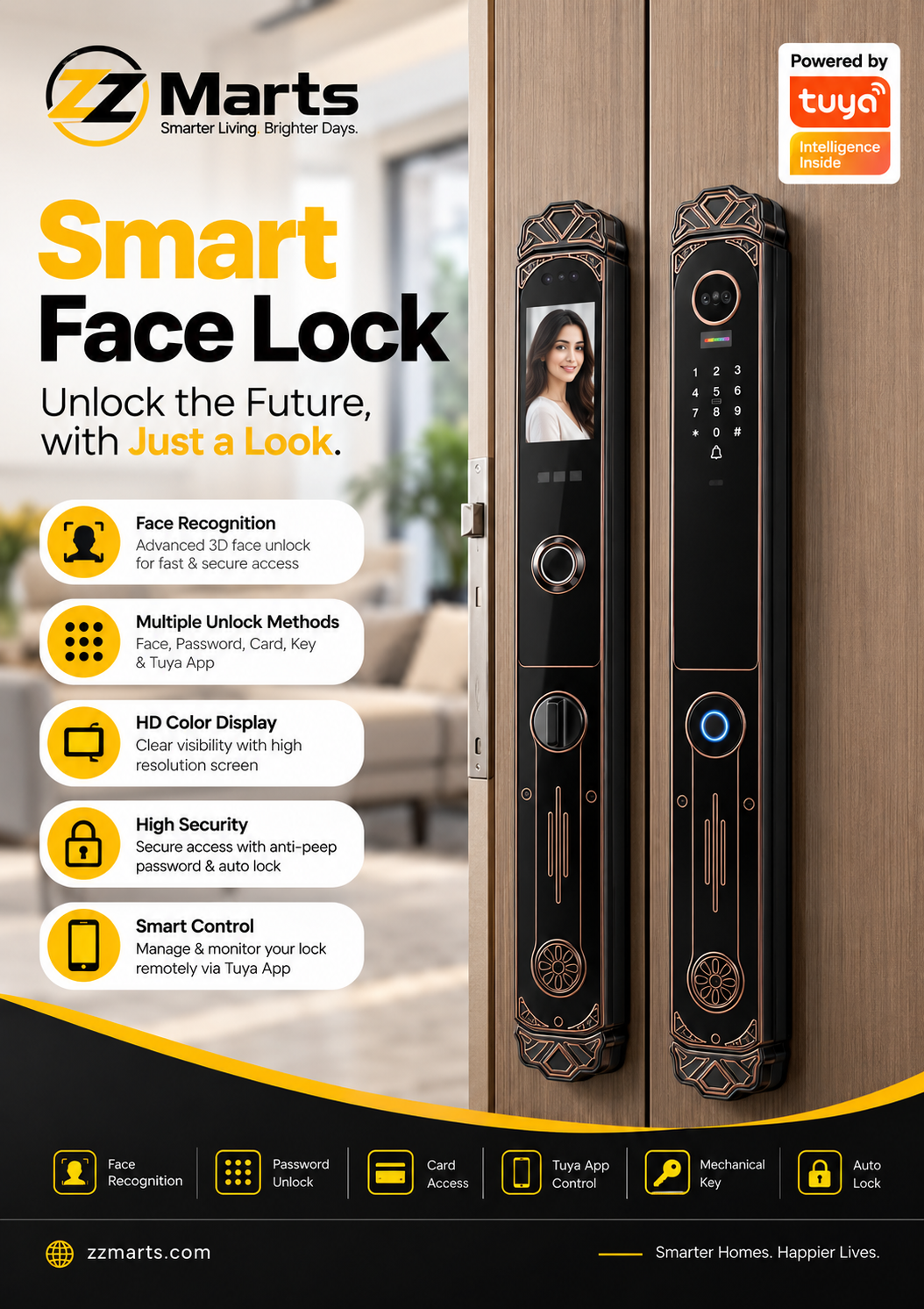 Smart Face Lock – Antique Copper Full Automatic (Tuya, Face / Password / Card / Key / App)