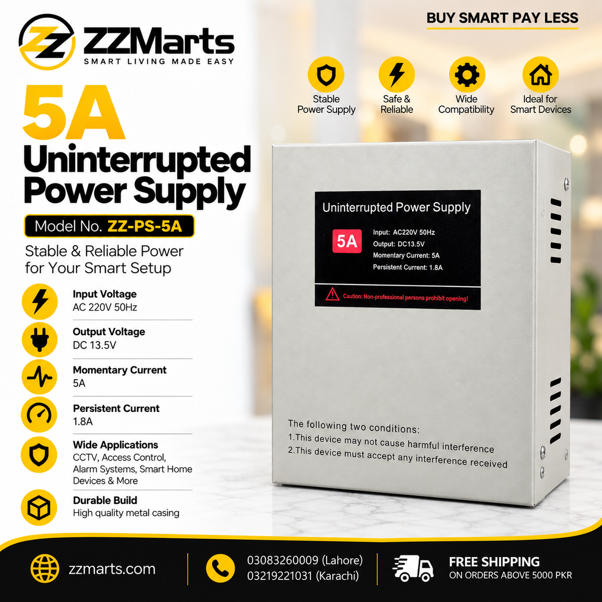 5A Uninterrupted Power Supply (UPS) – 13.5V DC Backup for CCTV & Access Control (ZZ-PS-5A)