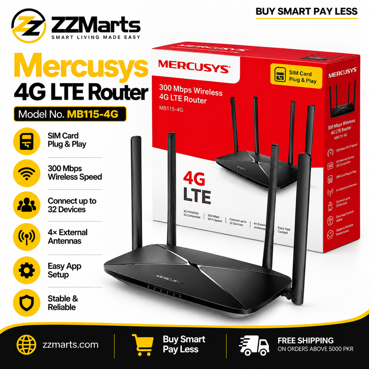 Mercusys MB115-4G 300Mbps Wireless 4G LTE Router – SIM Plug & Play