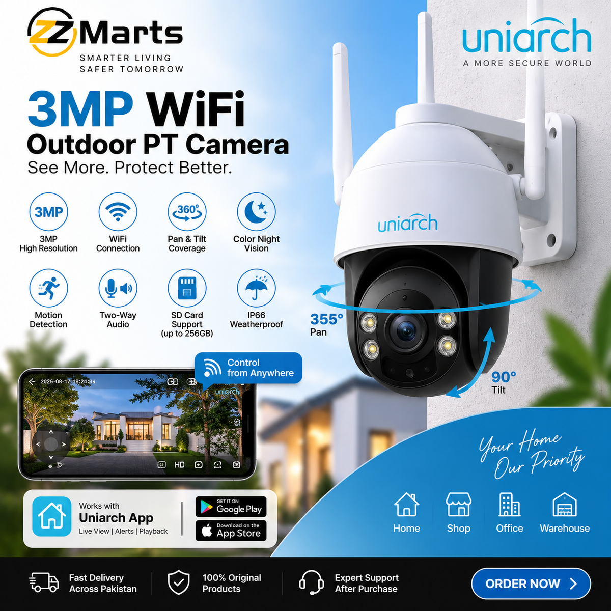 Uniarch UHO-P1A-M3F4D 3MP WiFi Outdoor PT Camera | ZZ Marts
