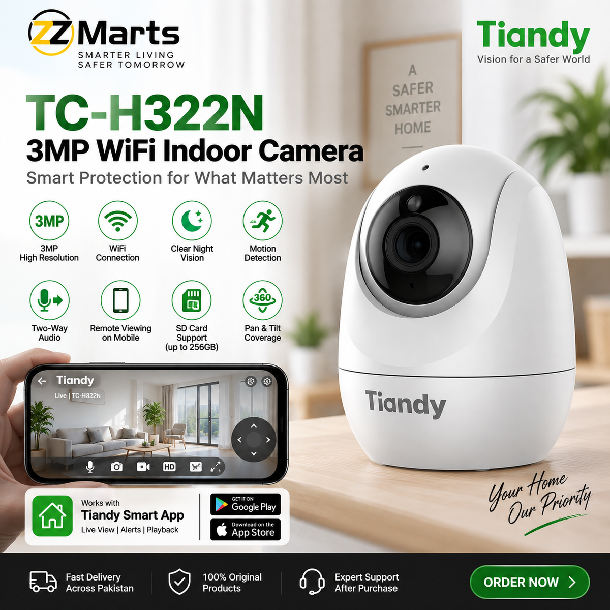 Tiandy TC-H322N 3MP WiFi Indoor PT Camera | ZZ Marts