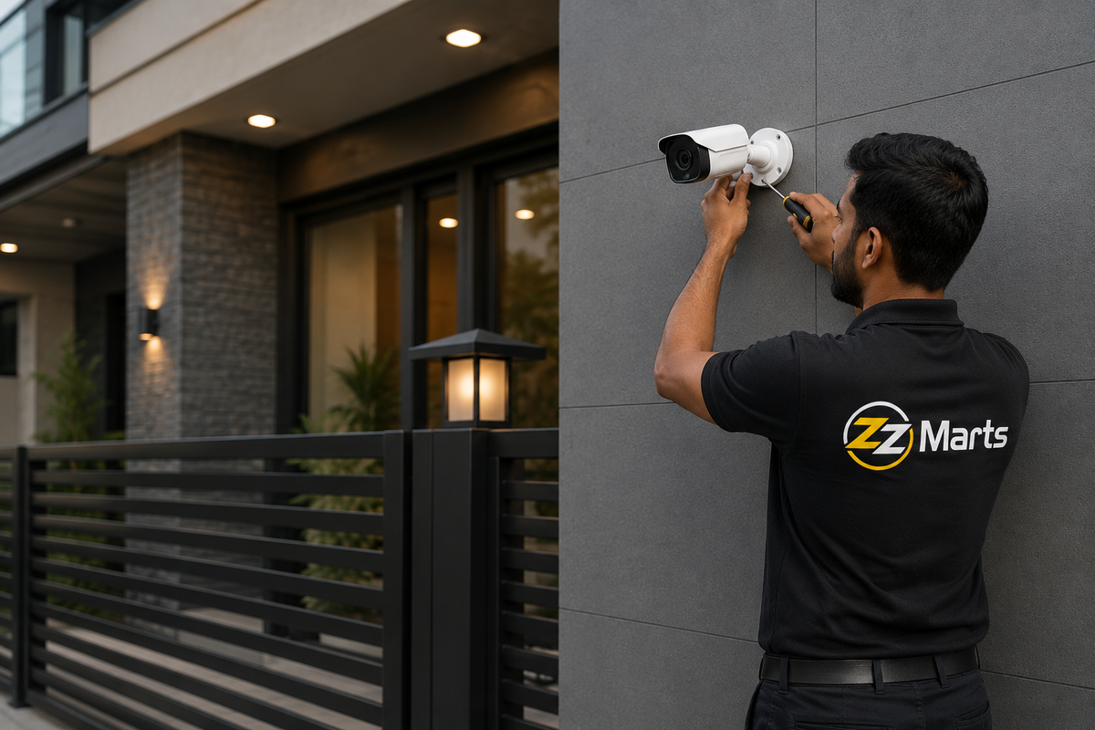 ZZ Marts technician installing a security camera