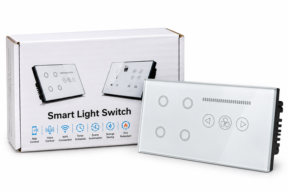 Smart Touch Light Switch – 4 Gang + Fan Control, Tuya WiFi (ZZ-SW04)