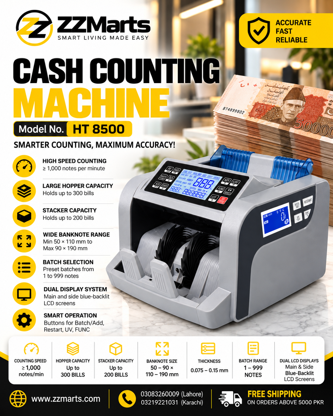 HT-8500 Cash Counting Machine – Note/Bill Counter with Fake Note Detection