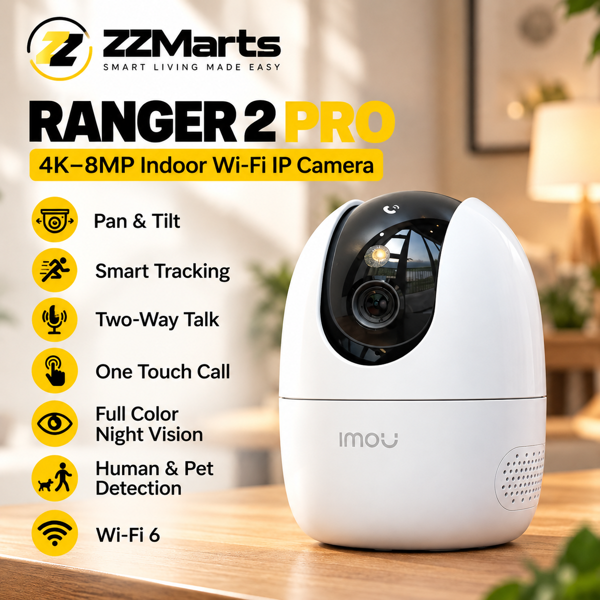Imou Ranger 2 Pro 4K Indoor Pan-Tilt Camera – 8MP WiFi, AI Detection, Two-Way Audio