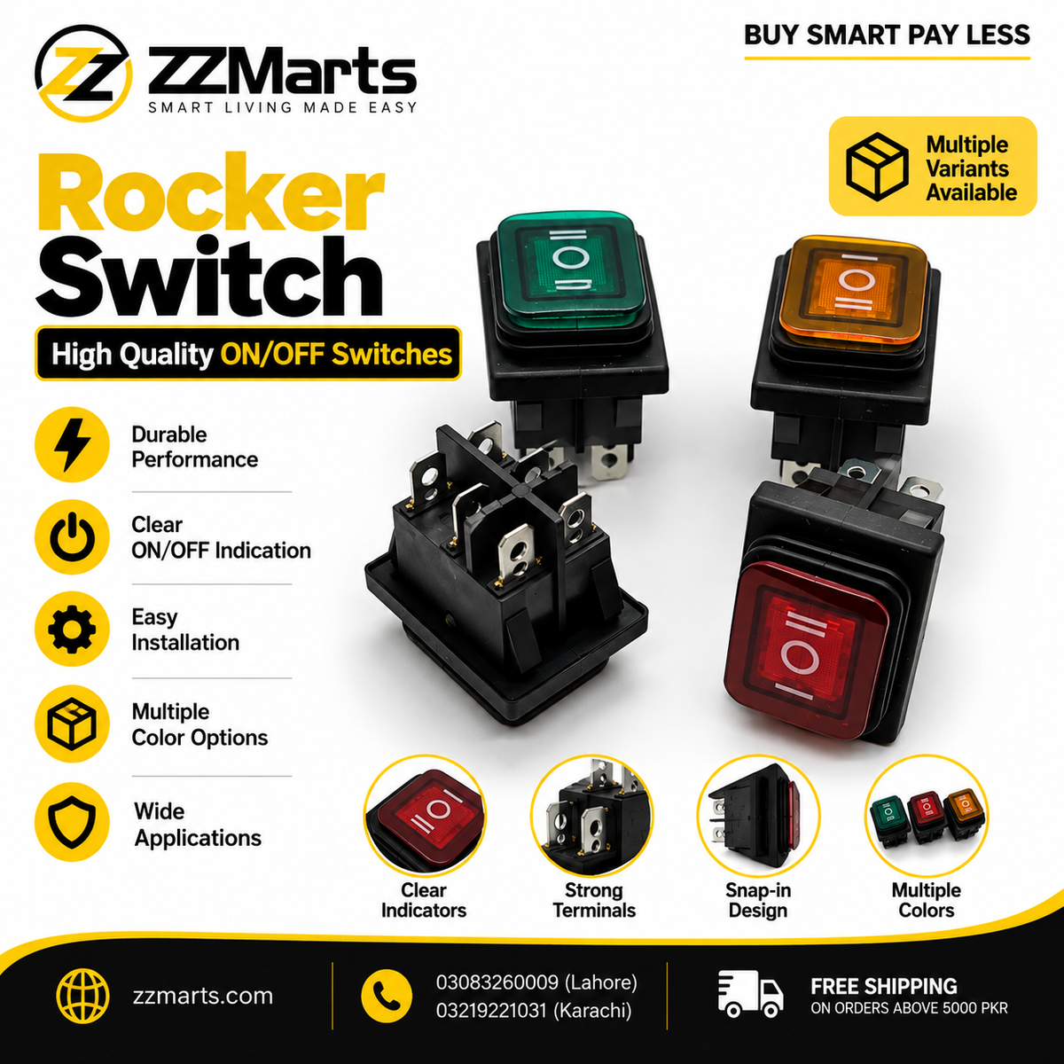 Illuminated Rocker Switch – 6-Pin ON-OFF-ON, Square (Pack of 2)