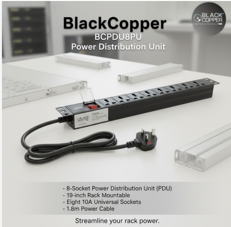 Black Copper 8-Port 19" Power Distribution Unit (PDU) for Rack Cabinet