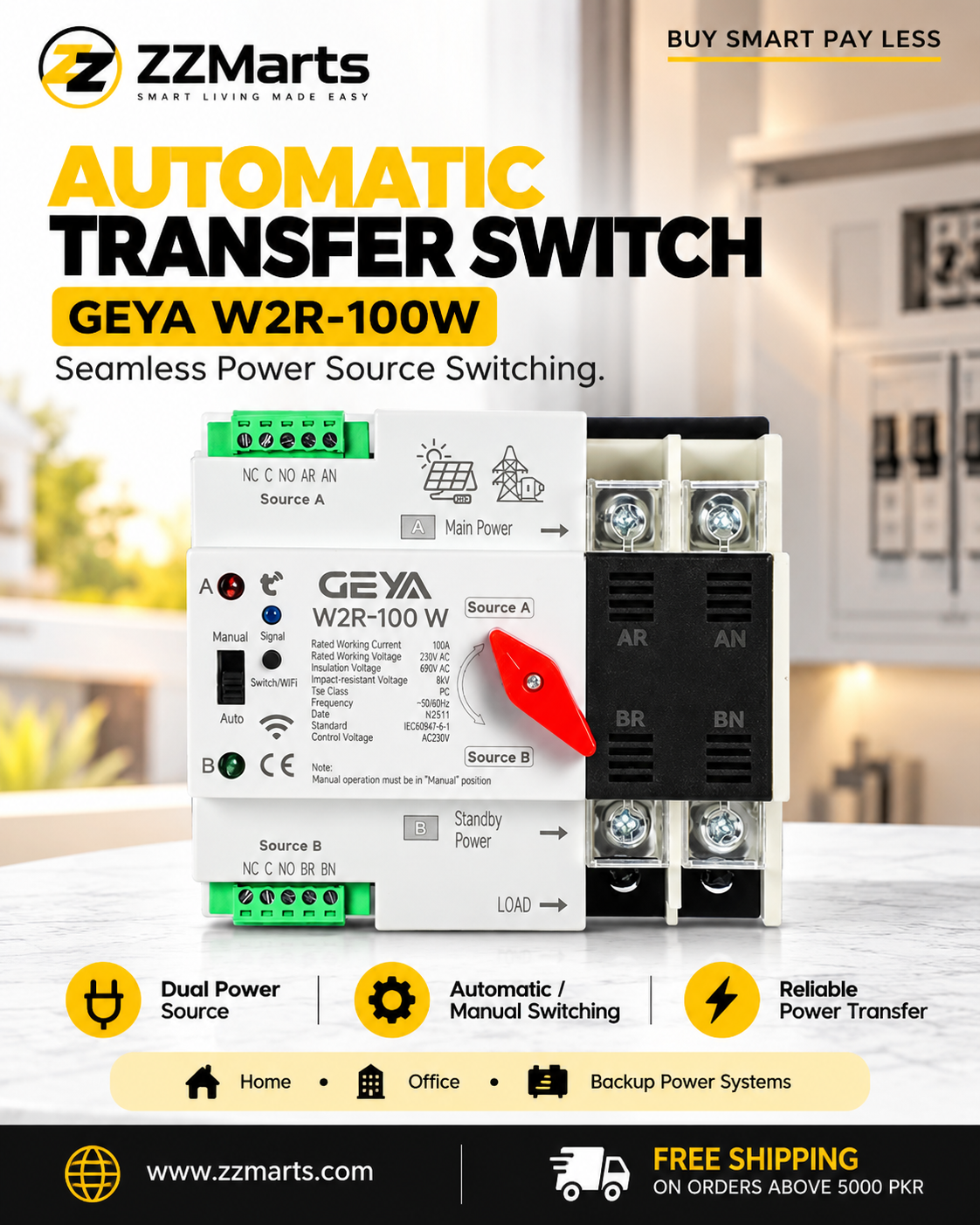 GEYA W2R WiFi Automatic Transfer Switch (ATS) – 2P 100A (Dual Power, Tuya)