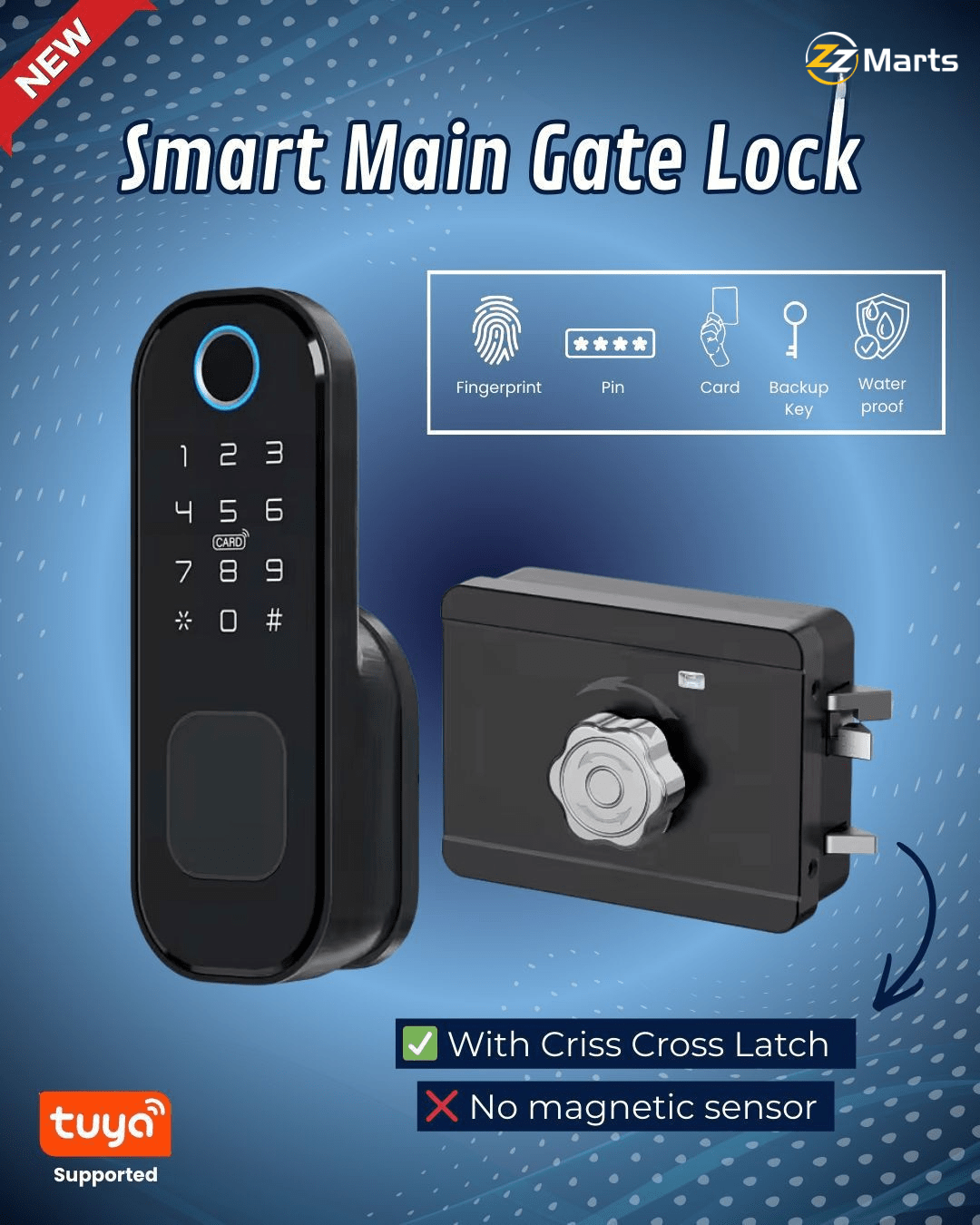 Smart Main Gate Lock with Criss Cross Latch – Fingerprint, PIN & Card Access
