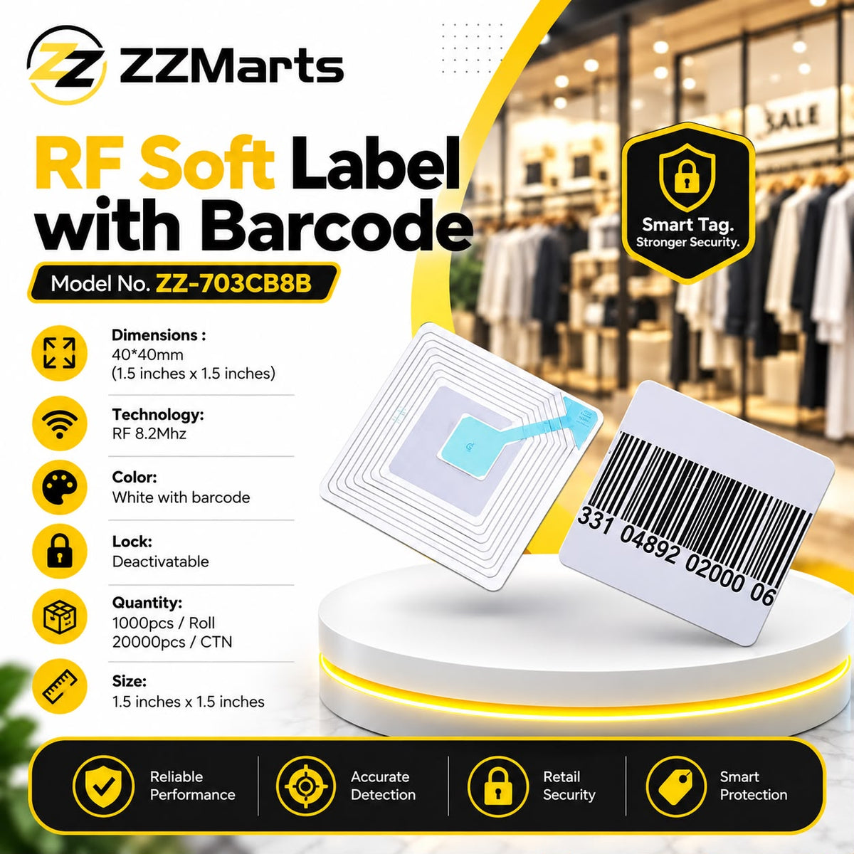 ZZ-703CB8B RF Soft Label with Barcode – 40×40mm 8.2MHz (Pack of 20)