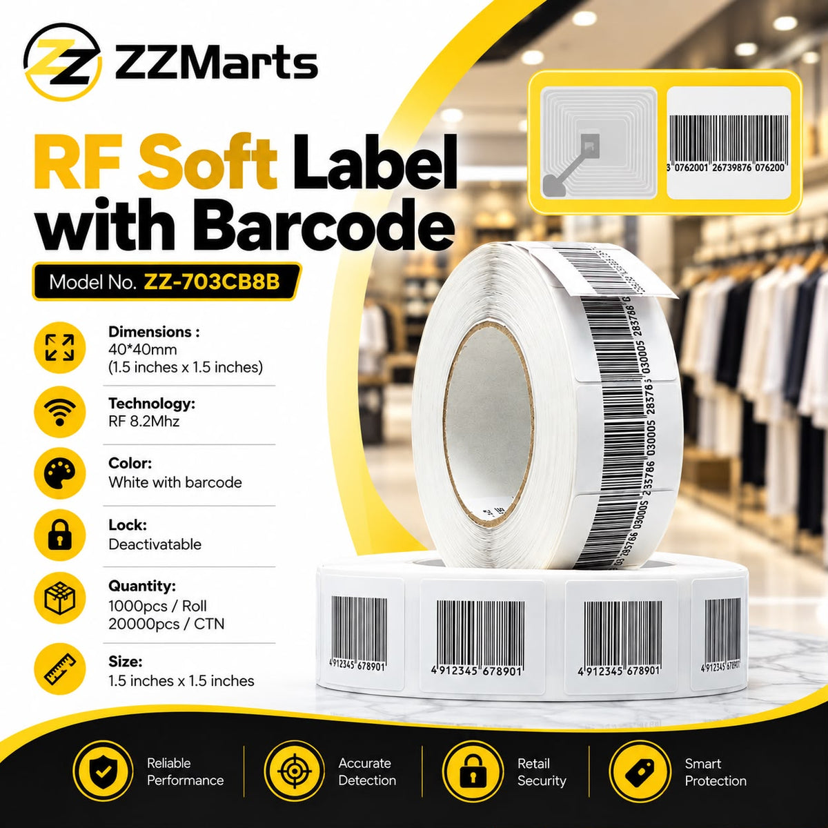 ZZ-703CB8B RF Soft Label with Barcode – 40×40mm 8.2MHz (Pack of 20)