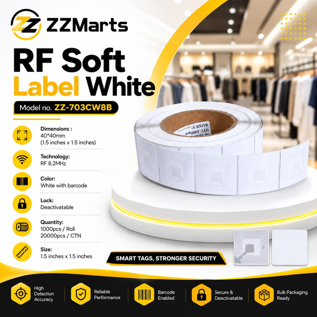 ZZ-703CW8B RF Soft Label White – 40×40mm 8.2MHz (Pack of 20)