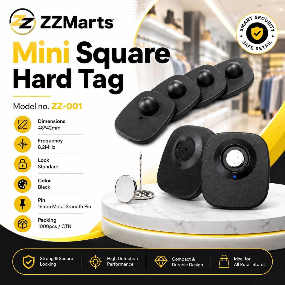 ZZ-001 Mini Square RF Hard Tag – 48×42mm 8.2MHz (Pack of 10)