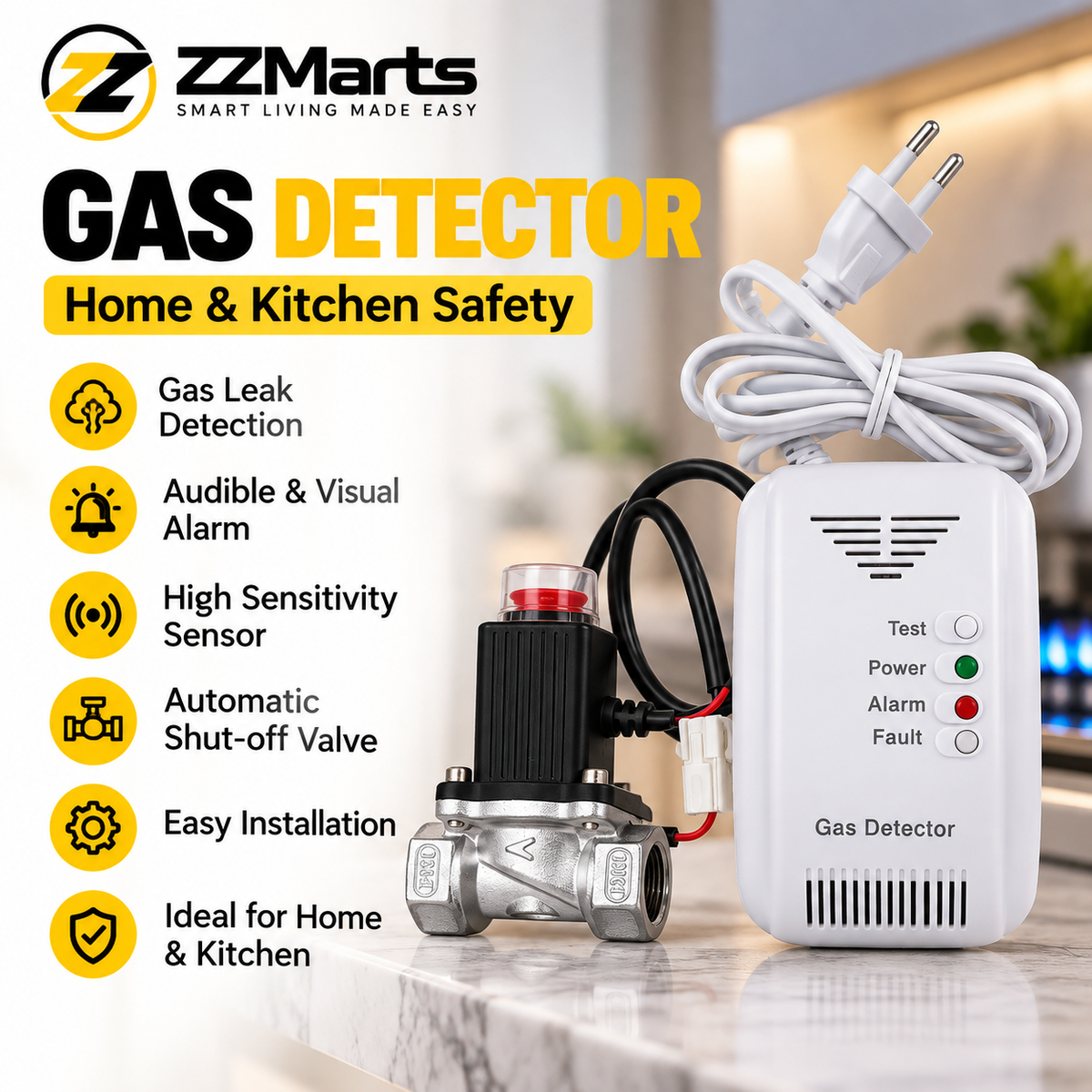 Gas leak detector with automatic shut-off valve kit: detector, DN15 solenoid valve and cable
