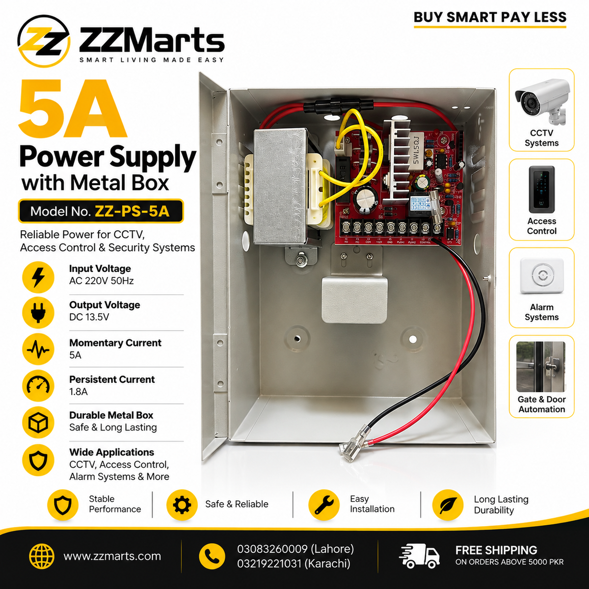 5A Uninterrupted Power Supply (UPS) – 13.5V DC Backup for CCTV & Access Control (ZZ-PS-5A)