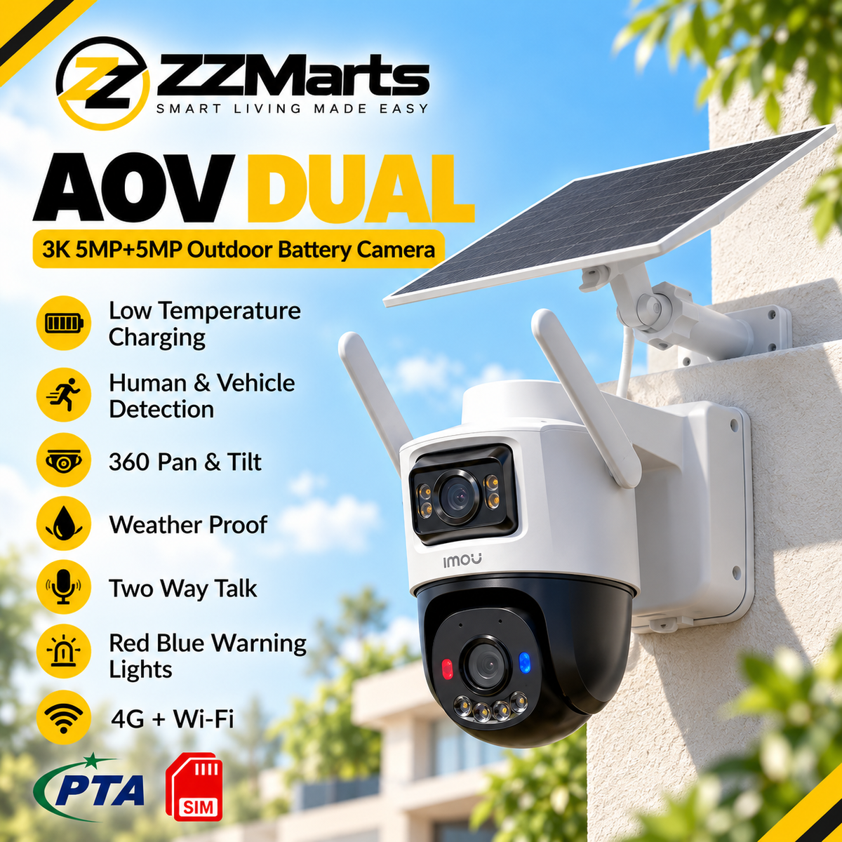 Imou AOV Dual 3K Solar Battery Camera – 5MP+5MP Dual Lens, 4G SIM + WiFi, AI Detection