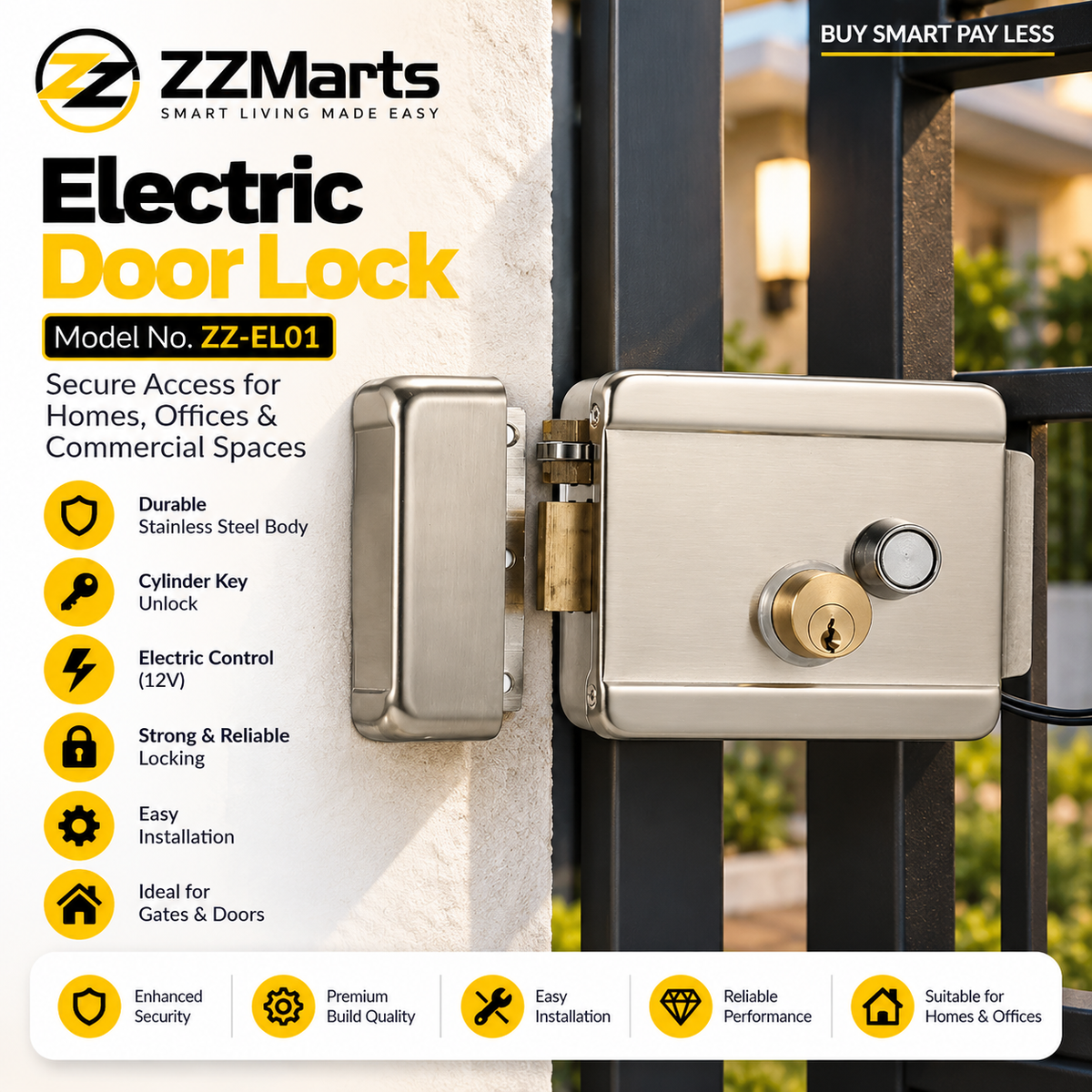 Electric Rim Lock 12V – Stainless Steel Electronic Door Lock with Key Cylinder for Access Control & Gates