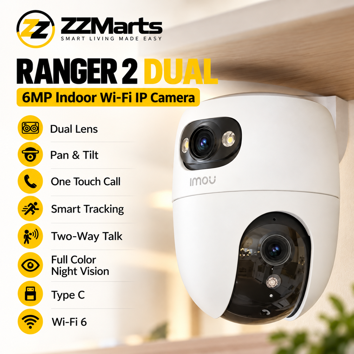 Imou Ranger 2 Dual 2K Indoor Dual-Lens Pan-Tilt Camera – 3MP+3MP WiFi, AI Detection