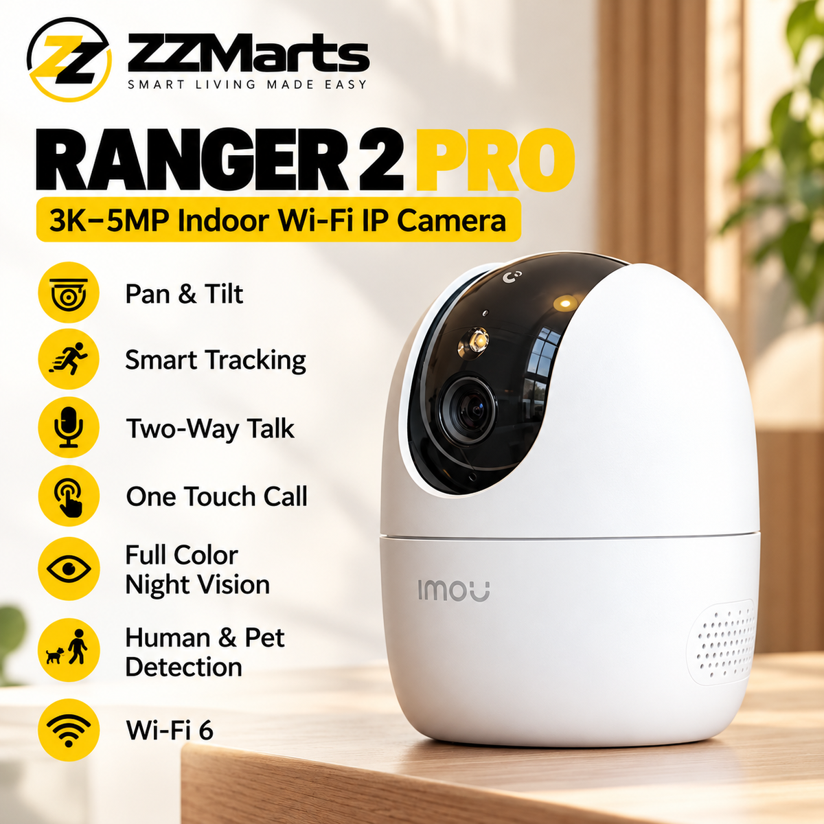 Imou Ranger 2 Pro 3K Indoor Pan-Tilt Camera – 5MP WiFi, AI Detection, Two-Way Audio