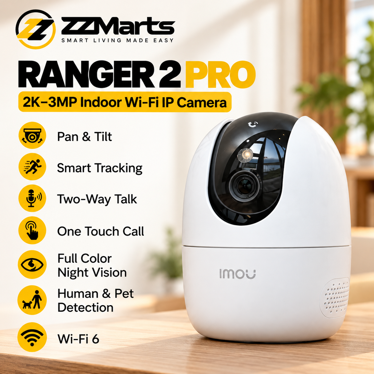 Imou Ranger 2 Pro 2K Indoor Pan-Tilt Camera – 3MP WiFi, AI Detection, Two-Way Audio