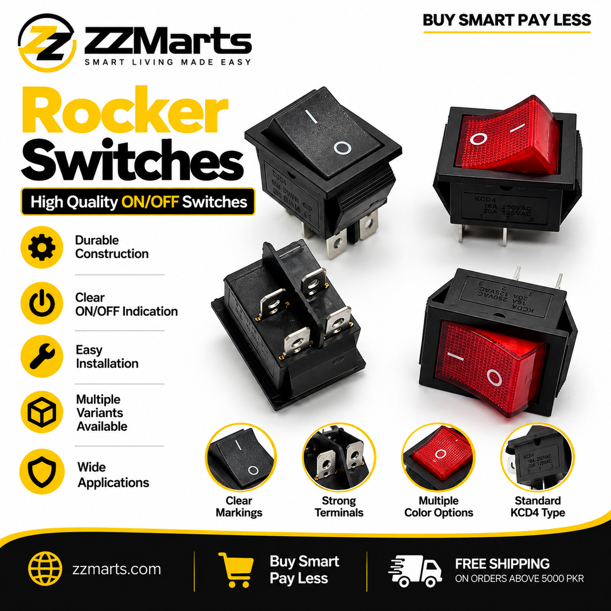 Rocker Switch – 4-Pin ON-OFF, KCD4 16A (Pack of 4)