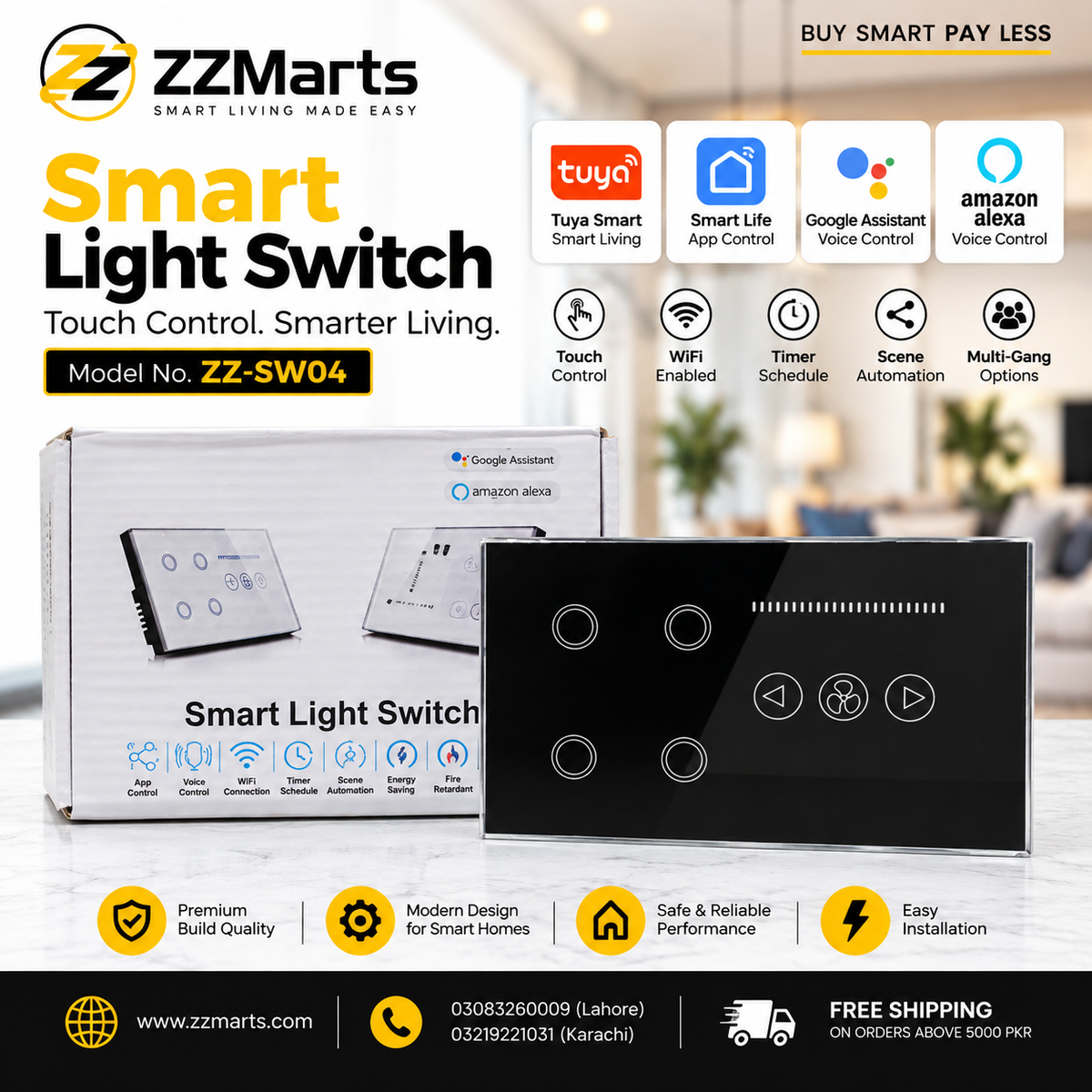 Smart Touch Light Switch – 4 Gang + Fan Control, Tuya WiFi (ZZ-SW04)