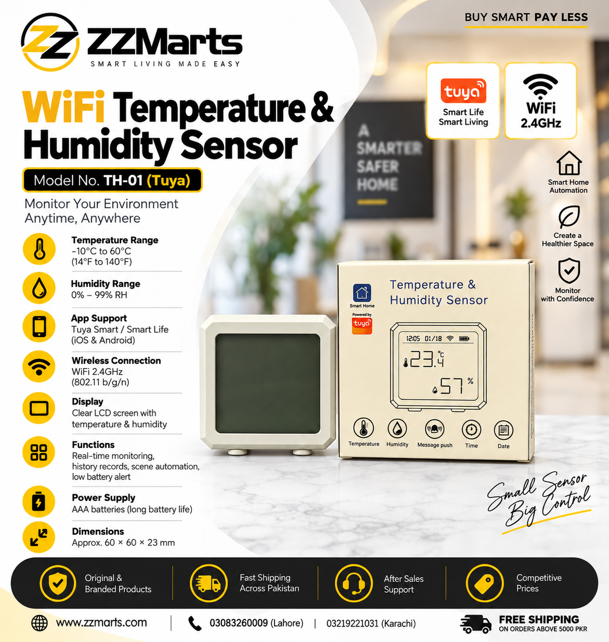 WiFi Temperature & Humidity Sensor – Tuya Smart Life (TH-01)