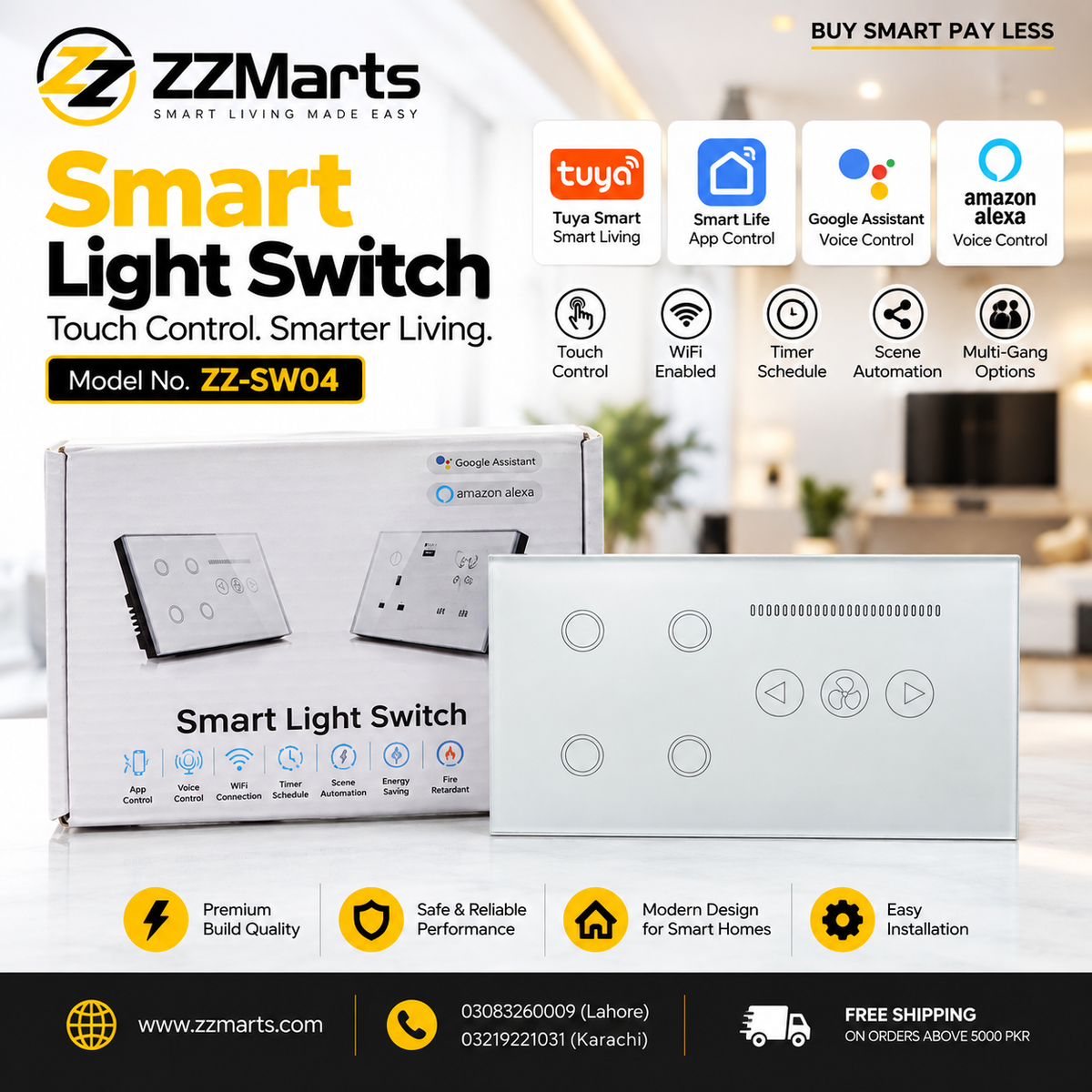 Smart Touch Light Switch – 4 Gang + Fan Control, Tuya WiFi (ZZ-SW04)